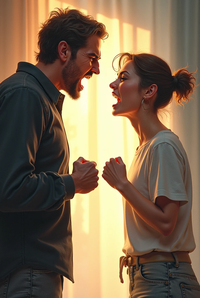 Illustrating an argument between two people, one is angry and shouting loudly, while the other is calm and silent, not reacting. The atmosphere around them gradually becomes calm, with the image of the angry person starting to back down and succumb to the patience of the other person.