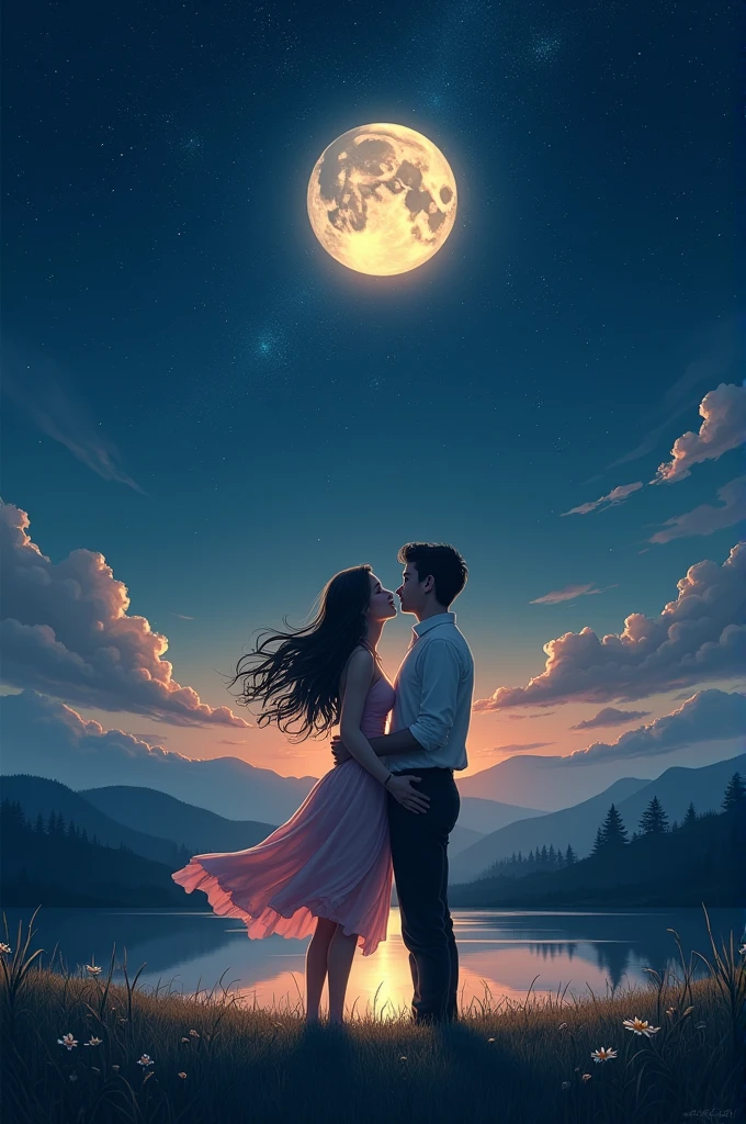 Two lover looking the sky ni night