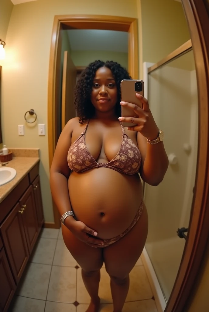 Pov fisheye camera view when fat mother Cardi B jumbo is 9 months 39 weeks pregnant taking a selfie wearing a bikini, wearing a watch while holding an iphone11 in front of the bathroom mirror with a big belly. HD, cinematic, 32k UHD, ultra detail, extra-high sharpen, masterpiece