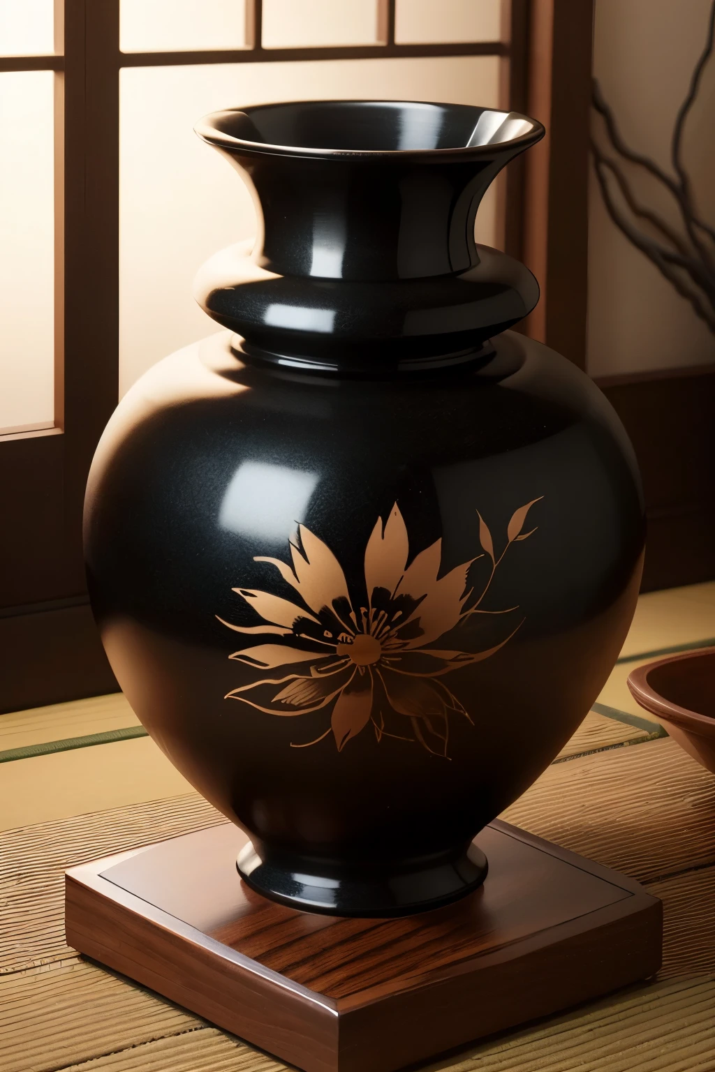 Pottery vessels, flowers alive, Japan flower arrangement, tranquility, beauty, Japanese heart, ceramic vessels close to black, Japanese-style rooms,