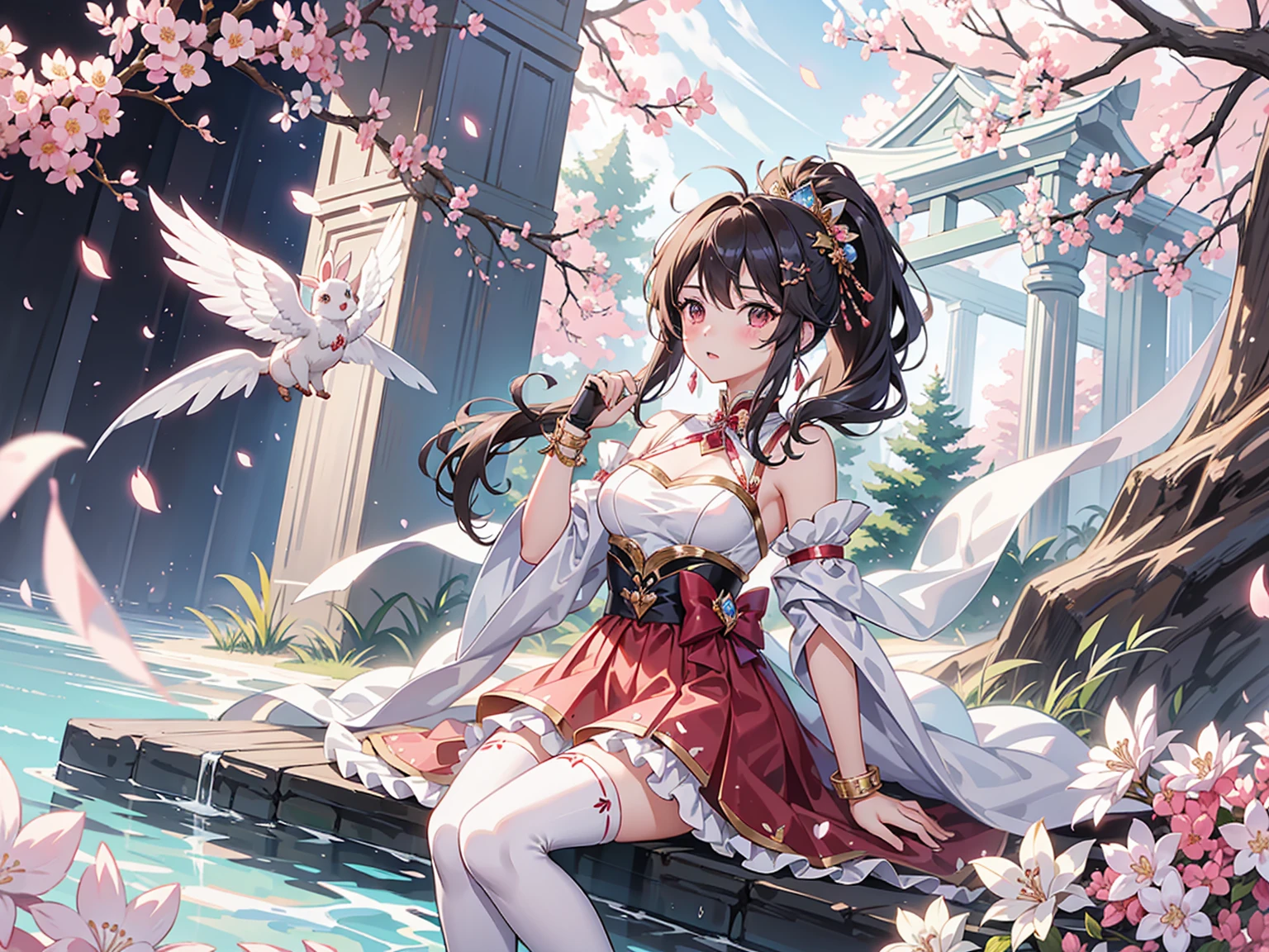 gossiperの十代の少女,Cheerfulness,(Charmed:0.2),Highest quality,masterpiece,The ultimate solution,fluffy,A perfect cherry blossom storm、Perfect body,Ponytail Hair Brown Hair,Jewel-like eyes,Bunny Girl Costume,(Beautiful costumes),Shrine maiden costume, Polka dot stockings,Long legs,Muffin Shoes,embroidery,(Rainbow Bubbles:0.3),Dazzling Light(about:0.5),(Shine:0.3),firework、gossiper