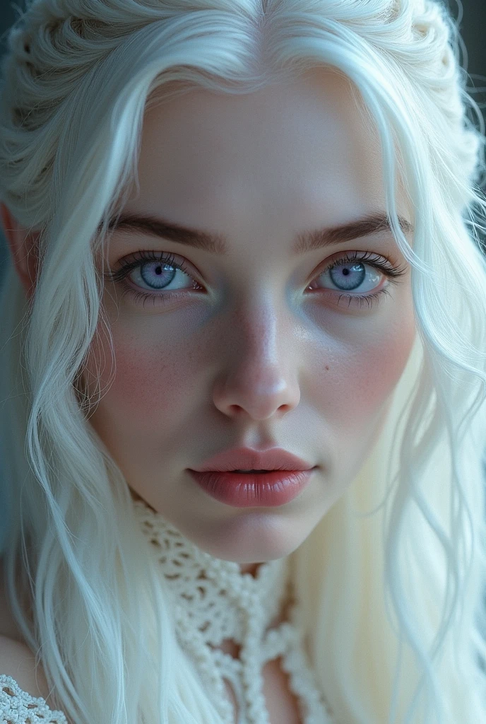 Beautiful woman,Skin as white as milk,Long hair,Handsome guy,Princess Targaryen from the series of the dragons, A young girl with glowing platinum hair resembling an ancient Valyrian,Light lilac Purple eyes