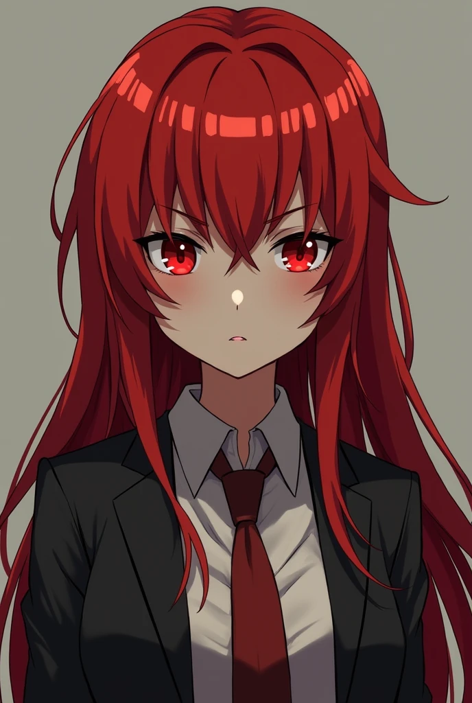 an anime girl, redhead and bright red eyes,with a serious look,with cold clothes 