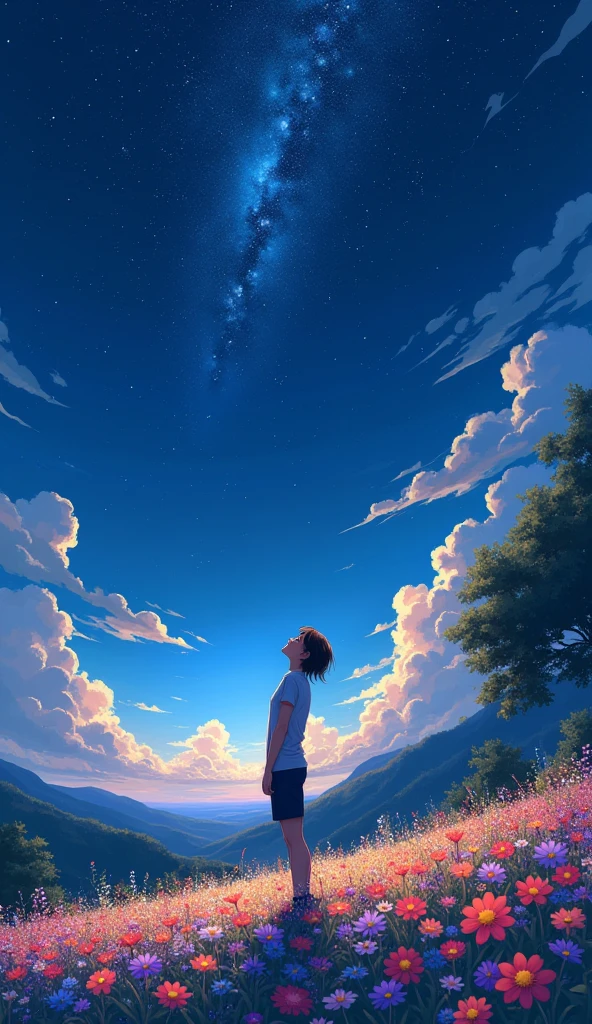 One person, Look up at the sky, background, Full of colorful flowers, Near the back of the meadow, Luxury effect, 8k, wallpaper, Anime Style, night.