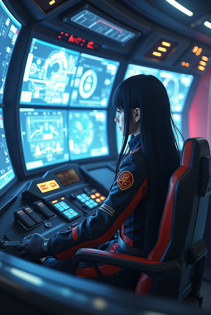 Super robot anime cockpit、A steering system that tracks people's movements、A cable is connected to the pilot's suit.、Japanese women、Anime-like pilot suit、Black Hair、Long Hair、Large monitor in front