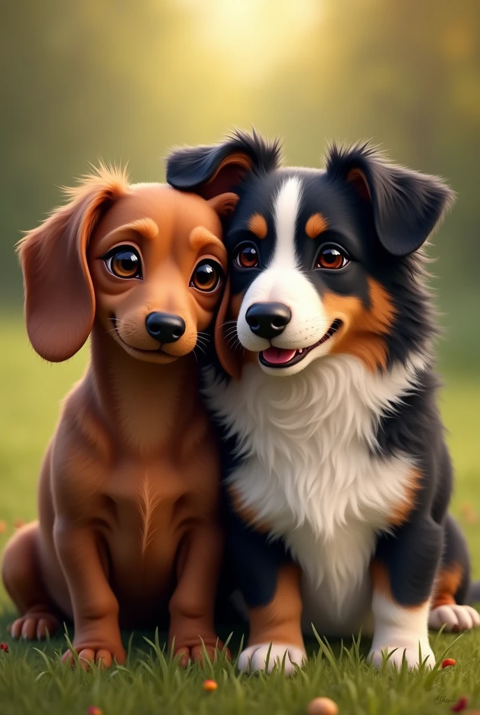 Image of a chocolate-colored dachshund named Olí and a border colie dog named Humo