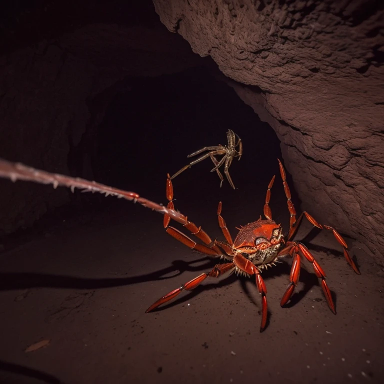 A creepy (crab|spider|alien) monster is pursuing the damsel (yuna, cute, torn black sheer dress, scratched and bloodied) through a dimly lit cavern with cobwebs