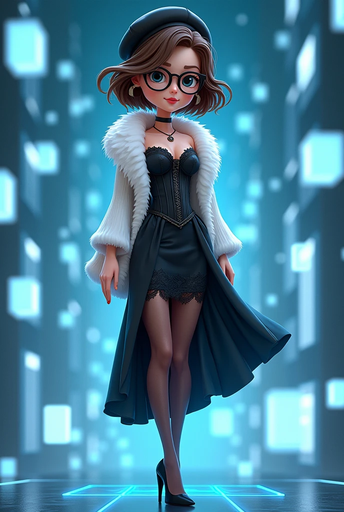 A bob brown haired woman wear round glasses wear a black lace corset, black skirt, black Beret, white boa fur, brown tights, black high heels, standing in the cyberspace, has a lot of glowing blue cube floating around, 3D animation, cartoonist