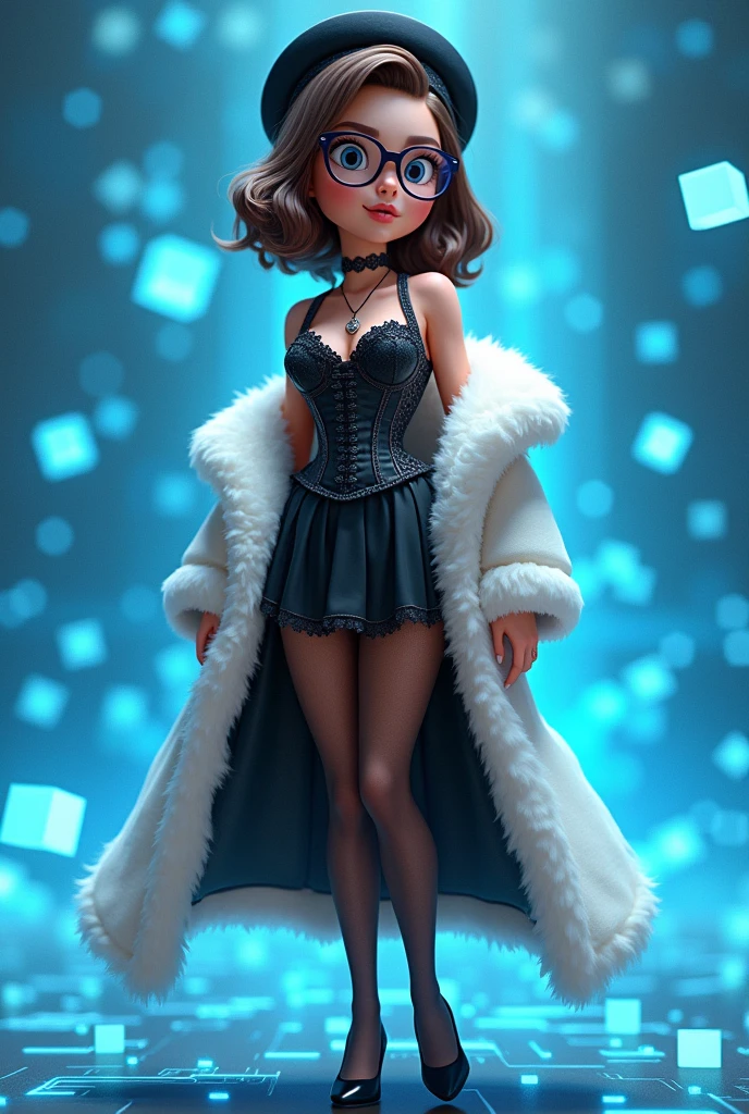 A bob brown haired woman wear round glasses wear a black lace corset, black skirt, black Beret, white boa fur, brown tights, black high heels, standing in the cyberspace, has a lot of glowing blue cube floating around, 3D animation, cartoonist