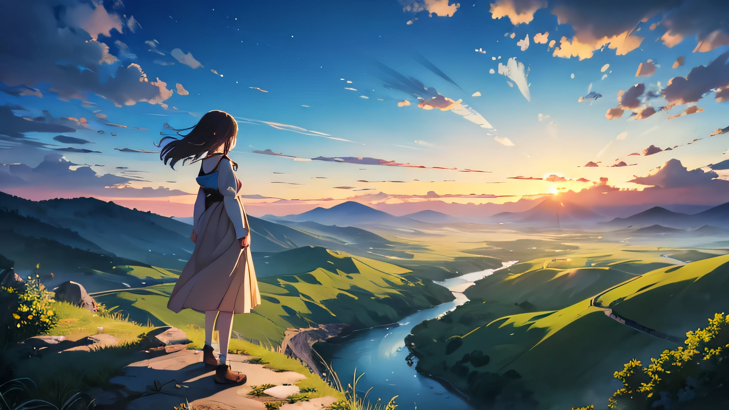 A girl standing on a mountain peak at dawn, gazing down at a vast, breathtaking landscape. The early morning light casts a soft glow over the valley below, with rolling hills and distant rivers. She takes a deep breath, feeling a profound sense of calm and clarity. The scene captures the serene moment when the world awakens, inspired by the tranquil, detailed style of Studio Ghibli.