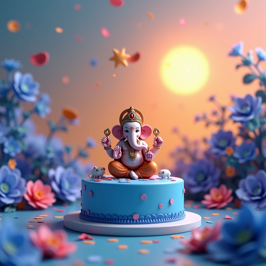Imagine 3d animation image is a small figurine of the Hindu deity Ganesha, also known as the Hindu god of wisdom and success. The figurine is sitting on a blue cake with a white mouse on top of it. The background is filled with blue and purple flowers and leaves, and there are confetti falling from the sky. The sky is a beautiful orange and blue color, and the sun is shining brightly in the top right corner. The overall mood of the image is peaceful and serene.