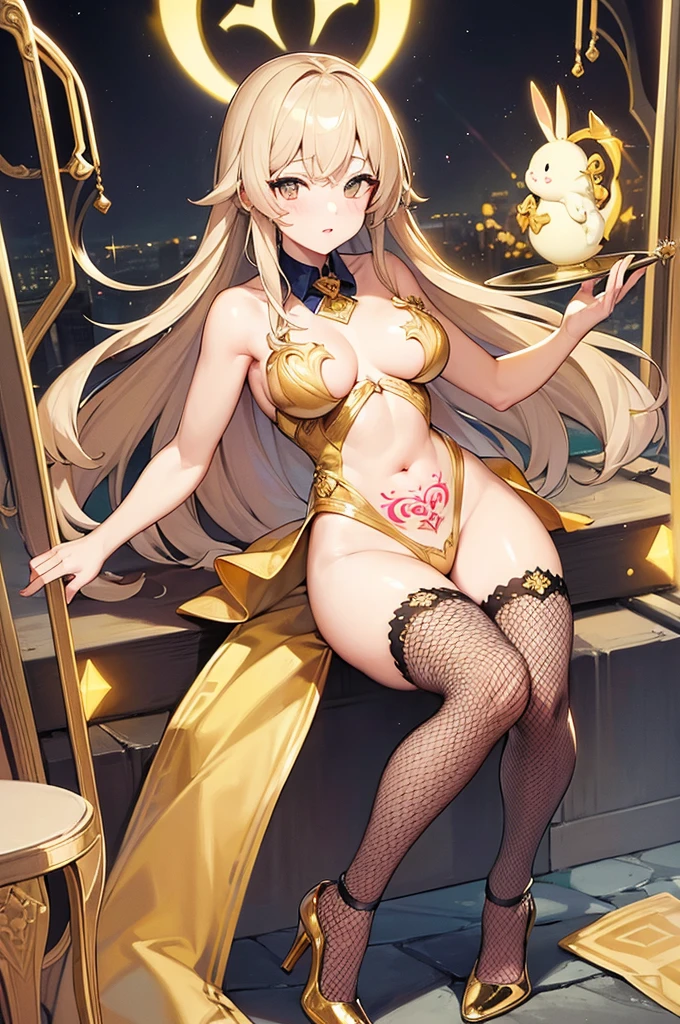 ((best quality)), ((masterpiece)), (detailed), perfect face, girl, gold bunny suit, fishnet stockings, luxury room theme, glowing pubic tattoo, exposed stomach,