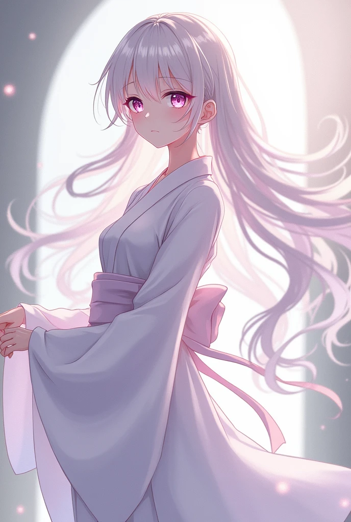 Adult female anime character, long white hair, pink eyes, White skin, long white kimono with a bow
