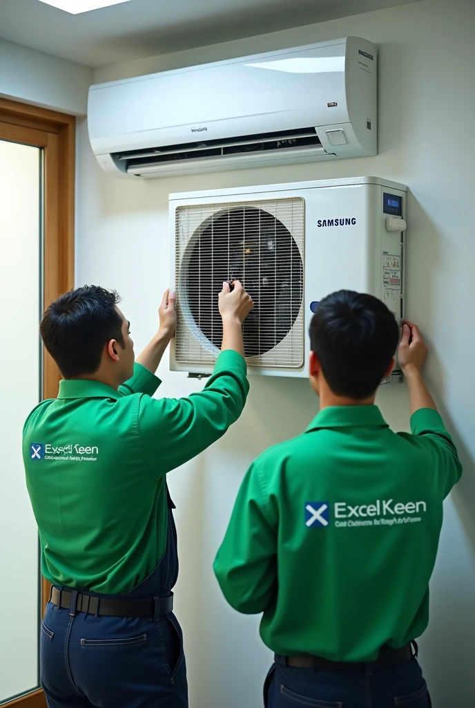 Technicians cleaning split type aircon one  indoor unit only  with "excel keen" As their green uniform. Do not include outdoor unit. Samsung ac unit
