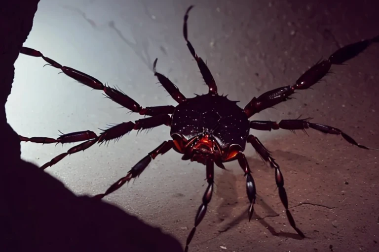 A creepy (crab|spider|alien) monster is pursuing the damsel (yuna, cute, torn black sheer dress, scratched and bloodied) through a dimly lit cavern with cobwebs