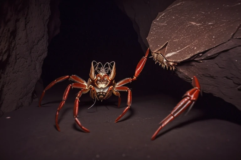 A creepy (crab|spider|alien) monster is pursuing the damsel (yuna, cute, torn black sheer dress, scratched and bloodied) through a dimly lit cavern with cobwebs