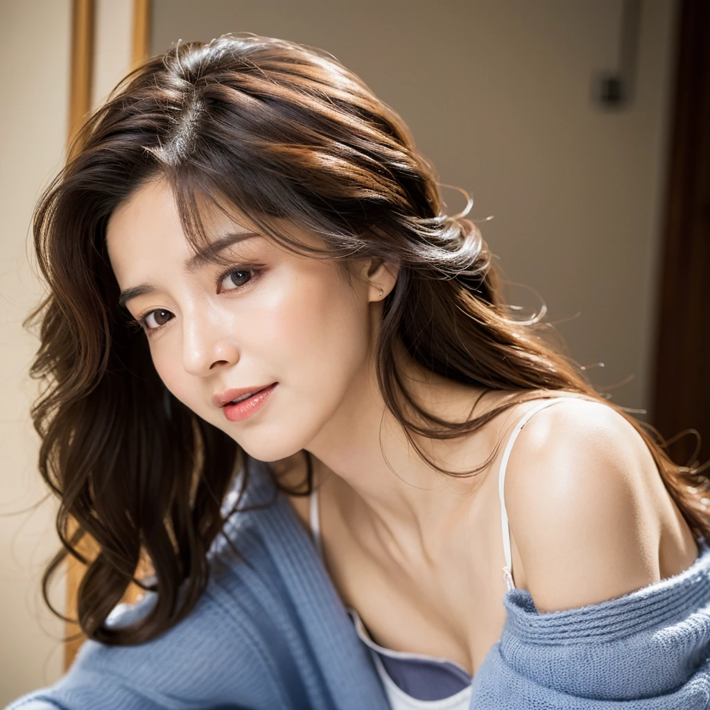 Beautiful mature woman with beautiful wavy long hair, Sexy Mature, She is moaning with pleasure, Ultra-high resolution,(Realistic:1.4), ((Highest quality)), ((masterpiece)), (be familiar with),