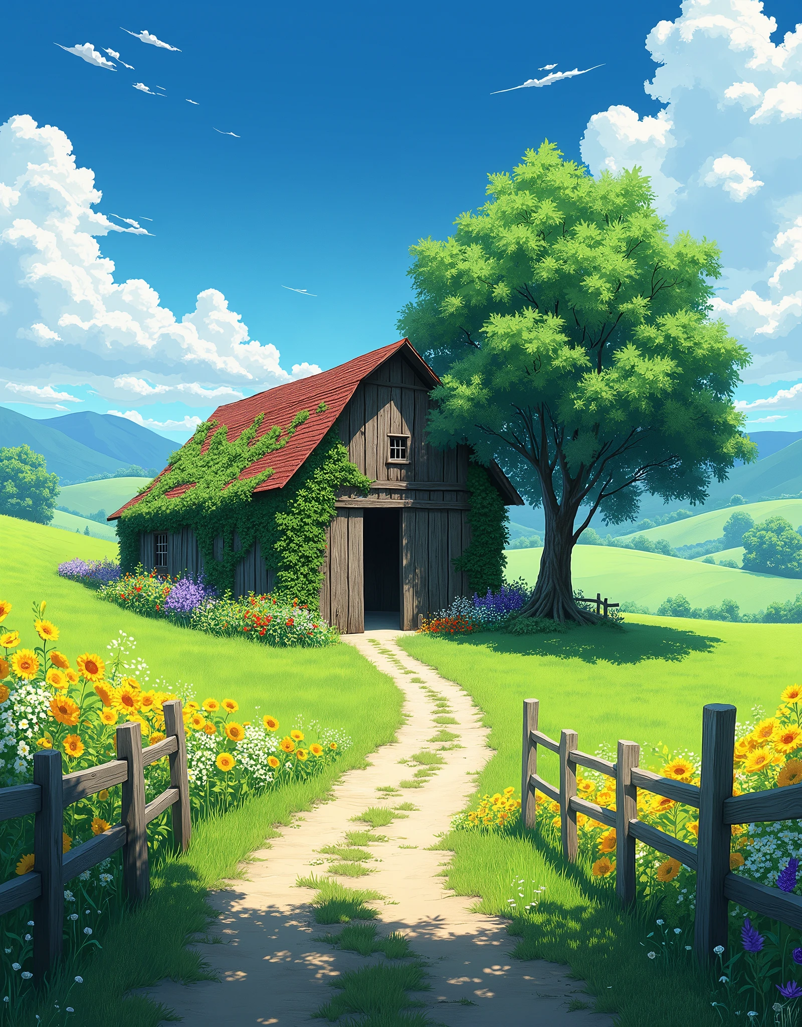Create a highly detailed anime-style illustration of a serene countryside scene on a bright, sunny day. The focal point is an old, rustic wooden barn covered in ivy, with its weathered roof partially concealed by lush greenery. The barn is set in the middle of a sprawling, flower-filled meadow. The meadow is vibrant with wildflowers in various shades of yellow, red, purple, and white, swaying gently in the breeze.

A dirt path winds through the meadow, leading toward the barn, with a weathered wooden fence running alongside it. The fence is slightly broken in places, adding to the rustic charm of the scene. A large, majestic tree with dense green foliage stands next to the barn, casting cool, inviting shadows on the ground.

In the background, rolling hills covered in lush greenery extend toward the horizon, under a sky filled with fluffy white clouds. The sky is a bright, clear blue, with the sunlight casting a warm glow across the landscape, creating a peaceful, idyllic atmosphere.

The overall mood of the illustration should be tranquil and nostalgic, evoking a sense of simple, rural life in harmony with nature. The color palette should be rich and vibrant, with a focus on natural greens and the vivid colors of the wildflowers, contrasted with the earthy tones of the barn and path.