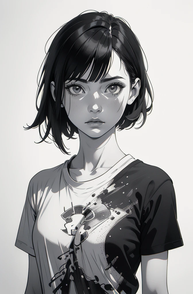 1 boyish girl, solo, sharp eyes, expressionless, monochrome, greyscale, short black hair, portrait, white T-shirt, closed mouth, (looking at viewer), graphite \(medium\), detailed lips, hatching \(texture\), without makeup, bangs, (full upper body and head), (best illustration), (best quality), (very detailed), (masterpiece), expressionless,