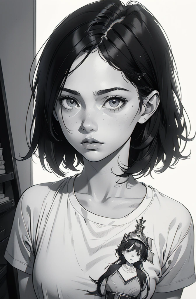 1 boyish girl, solo, sharp eyes, expressionless, monochrome, greyscale, short black hair, portrait, white T-shirt, closed mouth, (looking at viewer), graphite \(medium\), detailed lips, hatching \(texture\), without makeup, bangs, (full upper body and head), (best illustration), (best quality), (very detailed), (masterpiece), expressionless,