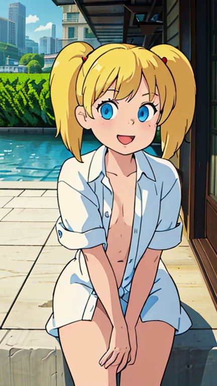 (((pixel perfect, Perfection in every detail))), ghibli style, alone, 1 girl, deedee, blonde hair, solo, wintails, blue eyes, 1girl, short twintails,bclose ~ eye,open your mouth,smile, naked_shirt, sitting on the veranda