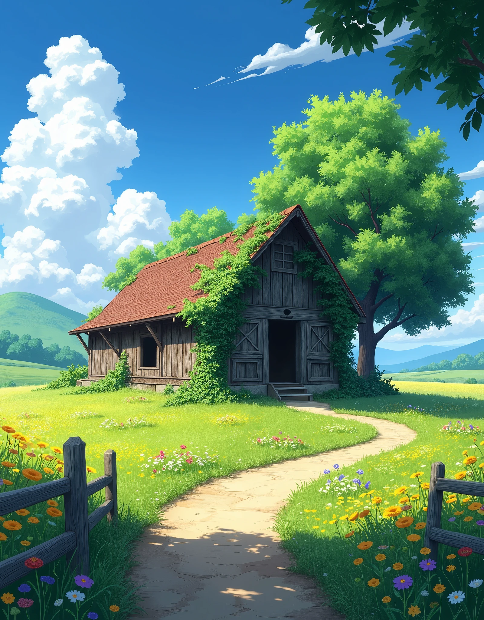 Create a highly detailed anime-style illustration of a serene countryside scene on a bright, sunny day. The focal point is an old, rustic wooden barn covered in ivy, with its weathered roof partially concealed by lush greenery. The barn is set in the middle of a sprawling, flower-filled meadow. The meadow is vibrant with wildflowers in various shades of yellow, red, purple, and white, swaying gently in the breeze.
A dirt path winds through the meadow, leading toward the barn, with a weathered wooden fence running alongside it. The fence is slightly broken in places, adding to the rustic charm of the scene. A large, majestic tree with dense green foliage stands next to the barn, casting cool, inviting shadows on the ground.
In the background, rolling hills covered in lush greenery extend toward the horizon, under a sky filled with fluffy white clouds. The sky is a bright, clear blue, with the sunlight casting a warm glow across the landscape, creating a peaceful, idyllic atmosphere.
The overall mood of the illustration should be tranquil and nostalgic, evoking a sense of simple, rural life in harmony with nature. The color palette should be rich and vibrant, with a focus on natural greens and the vivid colors of the wildflowers, contrasted with the earthy tones of the barn and path.