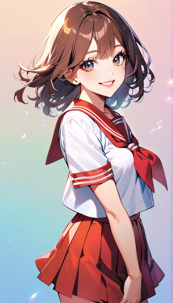 1woman, solo, brown hair, black eyes, detailed eyes, eyelashes, light lips, smile, happy, 25years old, sailor suit, school uniform , looking at viewer, (cowboy shot:1.3)