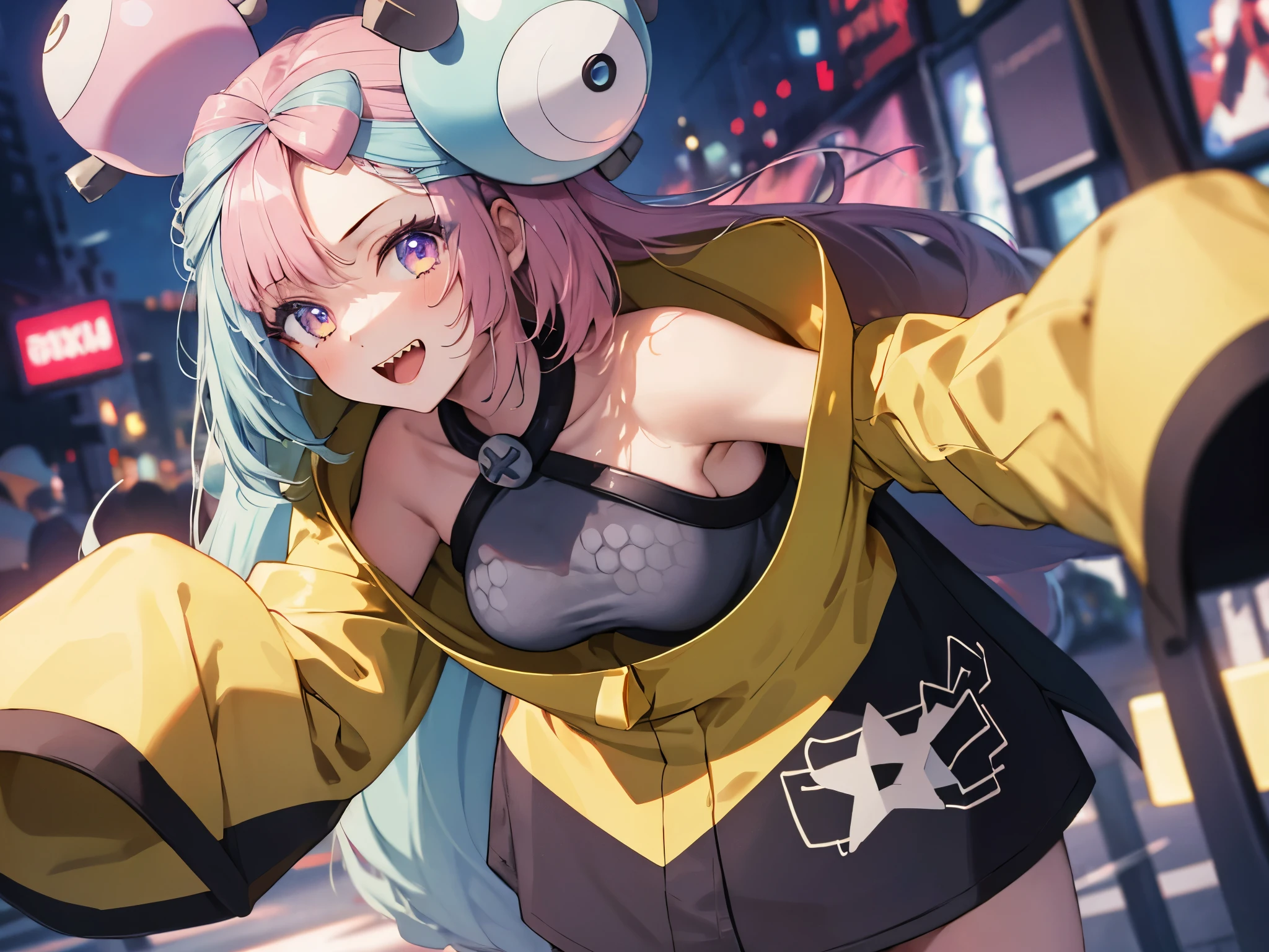 masterpiece, Highest quality, Perfect Face, Highest Resolution, Highest quality,Detailed depiction of the eyes, 8k, One Girl, Long Hair, Yellow Jacket, Long sleeve, hair ornaments, Future City, neon, laugh