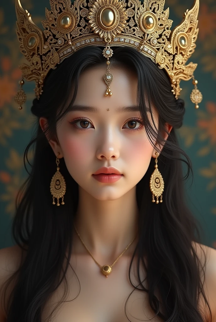 A Asian beautiful girlwomen with long Hindu Vishnu god crown with long hair and beautiful Indian dress