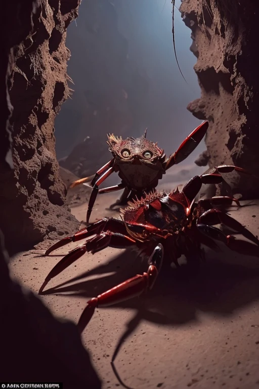 A creepy (crab|spider|alien) monster is pursuing the damsel (yuna, cute, torn black sheer dress, scratched and bloodied) through a dimly lit cavern with cobwebs
