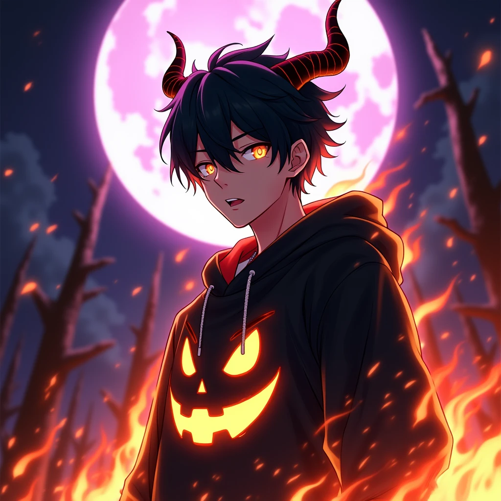 High resolution, Highest quality, masterpiece, Attention to detail, Black Hair, Portraiture, Horns of the beast,The body is burning,male,Anime Style,Jack O&#39;Lantern Black Hoodie&#39;-Lantern design,The purple full moon is shining,