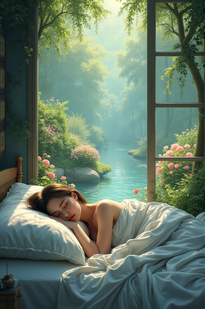 (masterpiece), Best Quality, expressive eyes, perfect face, 1 sexy girl in forest dress, flores, leaves, mandala, fractal, sleeping Beauty, Whole body Bella🦋, beautiful sleeping girl, mirror room, girl sleeping in bed and sheets, old clock and lamp on the table, Whole body, black fur, Transparent clothing, sexy legs, view of pubic hair, 1 sexy girl in transparent forest clothes, exposed breasts, Open transparent t-shirt, tattoos of mandalas and flores , Best Quality, masterpiece, illustration, very delicate and beautiful, Very detailed, CG, unit, 8K Wallpaper, Ridiculous, Huge file size, Very wide lens, luz outfit, slight smile, view of the man's exposed breasts pubic hair, mandala and flower tattoos, Best Quality, Whole body, naked summer, full tattoo, (masterpiece, top quality, Best Quality, official art, beautiful and aesthetic: 1.2), (1 flower), Whole body, extremely detailed, (fractal art: 1.3), Of colors, more detailed, "Best Quality", "masterpiece, Sakimichan style art, black fur fused with platinum and gold, naked girl, beautiful visible pubic area, pink breasts, small breasts visible, water pond in the garden, old floating clock, lamp, Lantern, skin wet with water, floating bed in the pond, beautiful girl lying on the bed, fancy, view from above, floating bed in the pond, interior of the flooded temple, night light, full moon, deep fancy dream, clothes melted in pond water, black fur with gold and platinum reflections, pink weights, toes dipped in water,, official art, unit 8K Wallpaper, ultra detailed, beautiful and aesthetic, beautiful, masterpiece, Best Quality, (zenPlot, mandala, Plot, enPlot), (flower ecstasy:1.2) dynamic angle, the most beautiful form of chaos, elegant, a brutalist designed, vivid colors, romance, background with:ponds,cherry blossom forest,lotto flower)AC