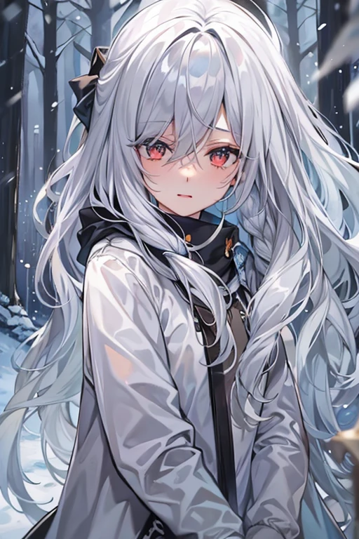 Silver Hair、Semi-long hair,{{{{{{{{ Oversized black hoodie }}}}}}}},Beautiful and delicate golden eyes,thought,Black clothes,Fairy,fairy tale,forest,winter,Sigh,cold,snow