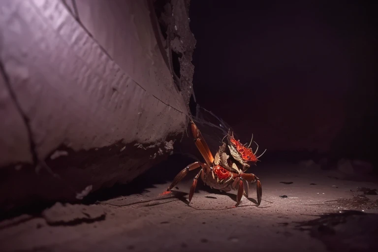 A creepy (crab|spider|alien) monster is pursuing the damsel (yuna, cute, torn black sheer dress, scratched and bloodied) through a dimly lit cavern with cobwebs
