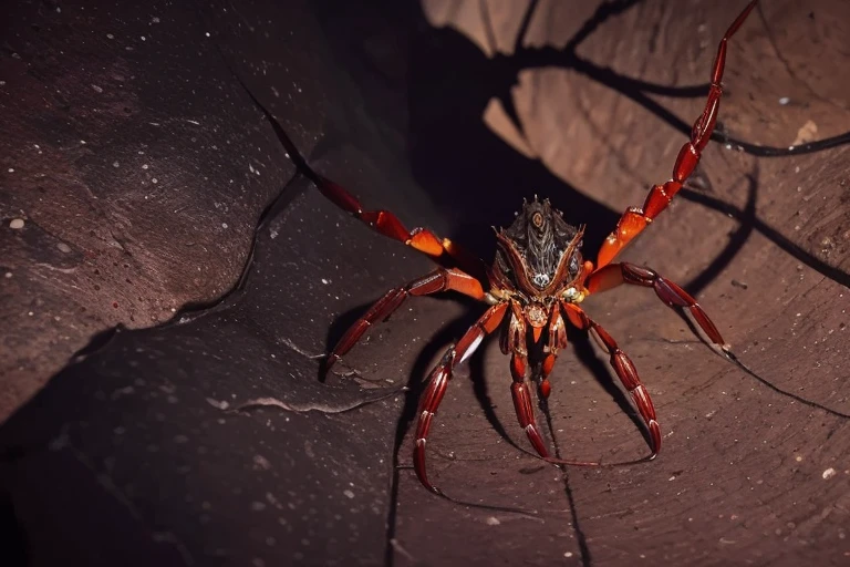 A creepy (crab|spider|alien) monster is pursuing the damsel (yuna, cute, torn black sheer dress, scratched and bloodied) through a dimly lit cavern with cobwebs
