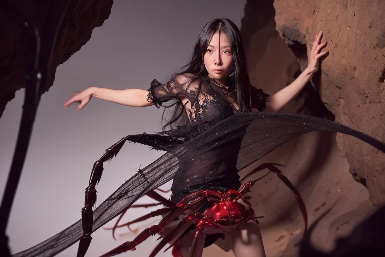 A creepy (crab|spider|alien) monster is pursuing the damsel (yuna, cute, torn black sheer dress, scratched and bloodied) through a dimly lit cavern with cobwebs
