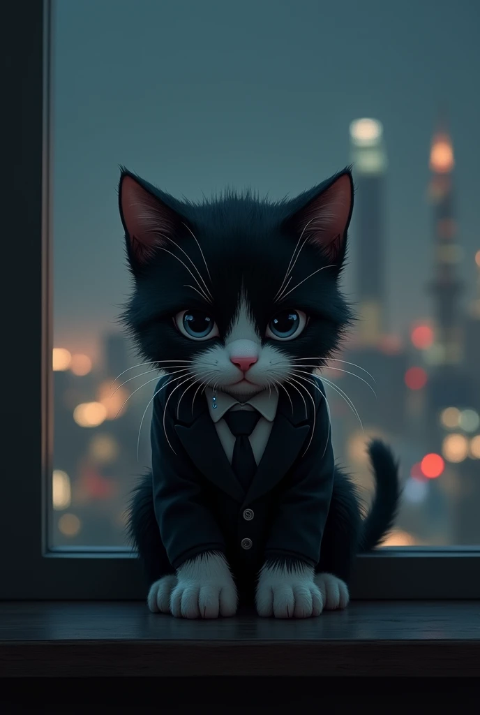 Anthropomorphic black and white kitten with beautiful body hair、Wearing a suit、sitting on the table with elbows on、Hanging head、Crying in the dark、The background is the night view of Shanghai city、Sad mood、Lonely atmosphere、More darkness、Emphasize the tears、Tears are spilling out of my eyes、