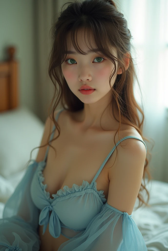Photo of a 1 Japanese girl., alone, cute,Radiant white skin, look at viewer, Beautiful plump body, Blush, (Long brown hair that looks like you just woke up), (small ),Milk squeeze, (Big green eyes), Eyes that are very life-like,Clearly see the pink nippleloose and comfortable light blue deep-necked shirt set with wide shoulders and a stylish open shoulder., Beautiful bedroom environment,Beautiful and realistic lighting,In the morning, Rain and sun,Beautiful colored curtained windows,Light passes through,Affecting the beautiful body,Realistic light and shadow, Photos taken with a high-resolution camera, Masterpiece, best quality, Highest quality, high resolution, (Masterpiece:1.2), realistic light, incredible light,Cinematic lighting