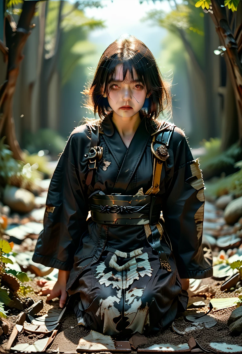 (8k, best quality, masterpiece:1.2), (photorealistic:1.4), RAW photo, best quality, ultra high res, best shadow, (full body:1.4), A short-haired female, japanese armor, Samurai Sword, massive scale stunning environment, horror, dark horror, highly detailed facial features, beautiful and flawless face, perfect eyes