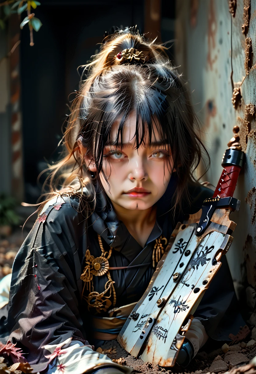 (8k, best quality, masterpiece:1.2), (photorealistic:1.4), RAW photo, best quality, ultra high res, best shadow, (full body:1.4), A short-haired female, japanese armor, Samurai Sword, massive scale stunning environment, horror, dark horror, highly detailed facial features, beautiful and flawless face, perfect eyes