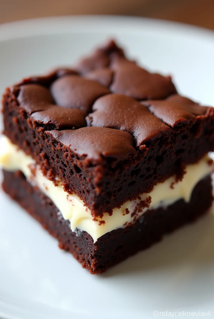 A chocolate brownie with a crispy crust, Shiny with a creamy and light cream in the middle of the brownie as if it were in the form of a sandwich. In 360 degree view, with a mouth-watering image, supported on a white plate, with brownie and filling being a little less coarse in terms of thickness