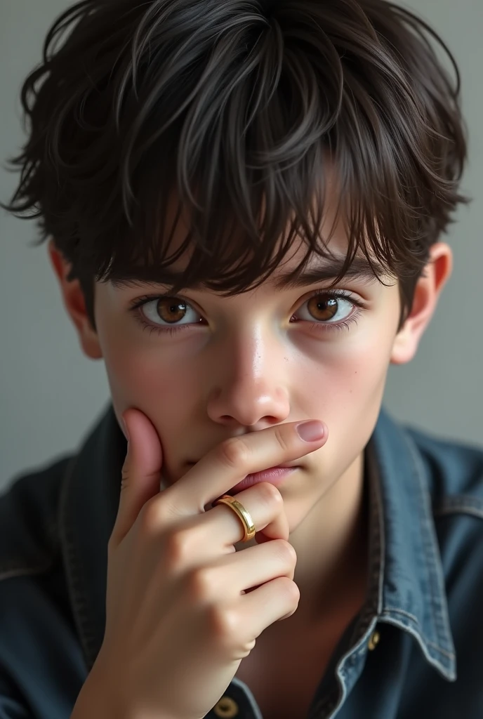 Photo of a handsome age boy covering his mouth with his hand looking pretty and SUPER MEGA IPER REALISTIC with REALISTIC dark brown eyes that looks like a hunter's eyes REALISTIC straight hair
