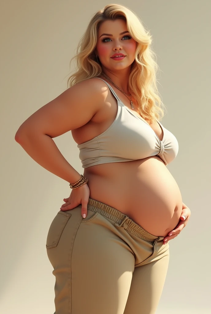 Retro, plump pregnant, blonde, thick hips, huge fat juicy butt, huge pregnant belly, juicy cleavage, wearing tight tank top and flowing beige Bohemia pants, biting bottom lip, light makeup, one hand on back of hip while other moves hair out of her face, side view 