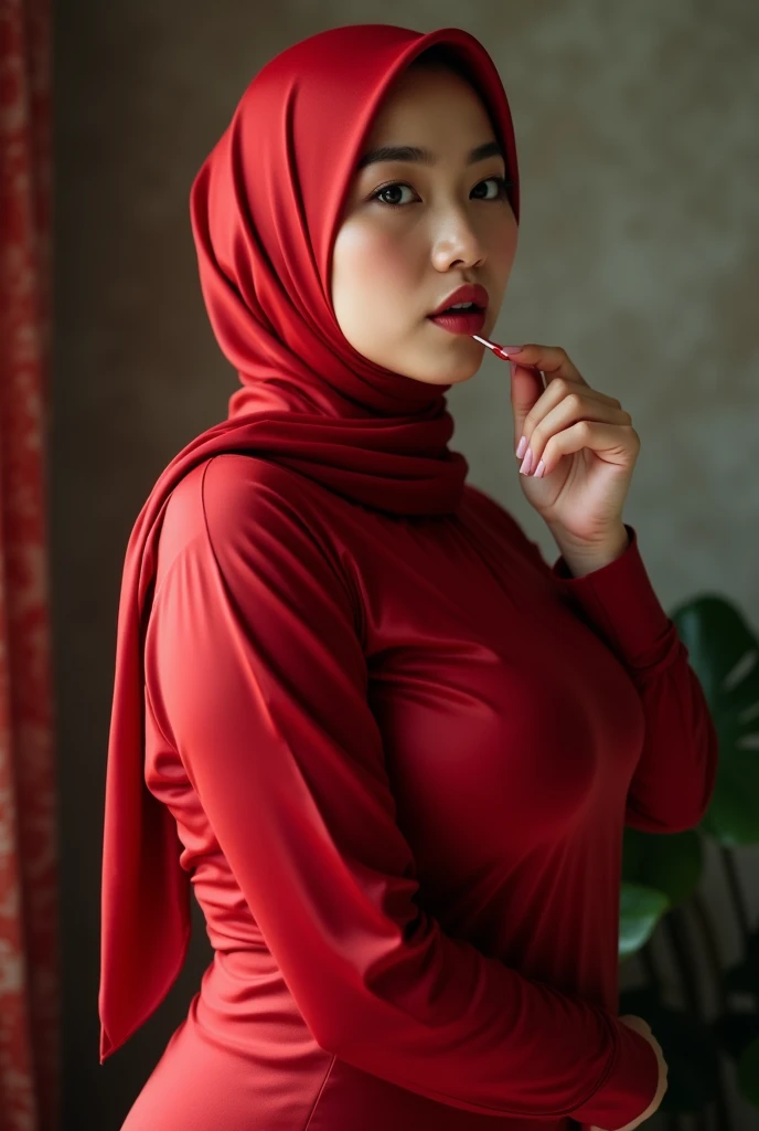  ((Masterpiece, best quality, photography, detailed skin, realistic, photo-realistic, 8k, highly detailed, full length frame, High detail RAW color art, diffused soft lighting, shallow depth of field, sharp focus, hyperrealism, cinematic lighting, hijab, a woman in a beautifully makeup, smokey eyeshadow, beautiful big eyes, long eye lashes, wearing (black hijab), loosely tide hijab style, ((red shirt)), Huge large breast.