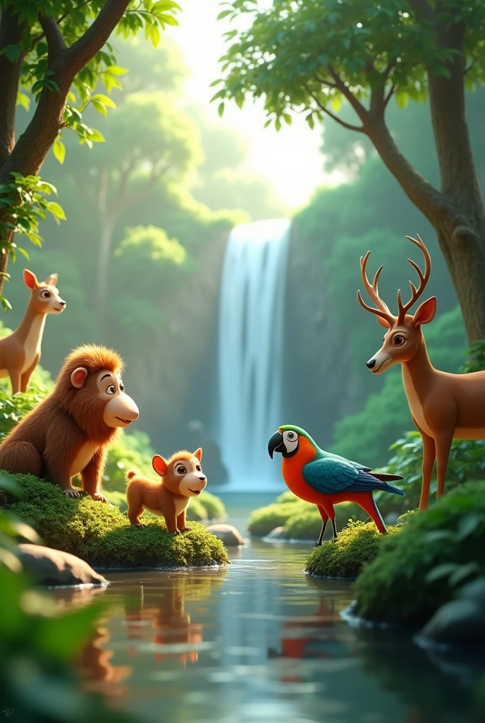 In 3D animation style A peaceful jungle scene with various animals observing the commotion.