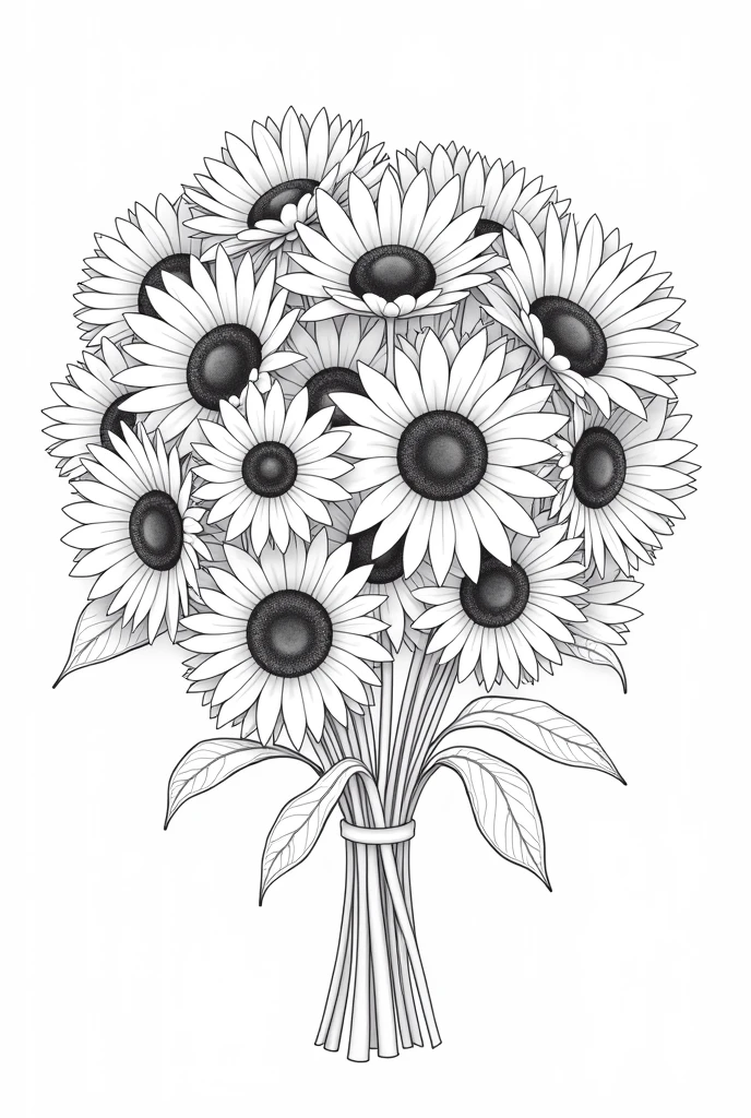 Can you make me a template to draw a bouquet of sunflowers in black and white and fill the whole screen with more flowers??