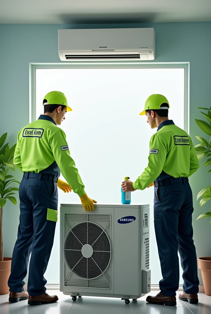 Technicians cleaning aircon one indoor unit only with "excel keen" As their green uniform. Do not include outdoor unit. Samsung ac unit