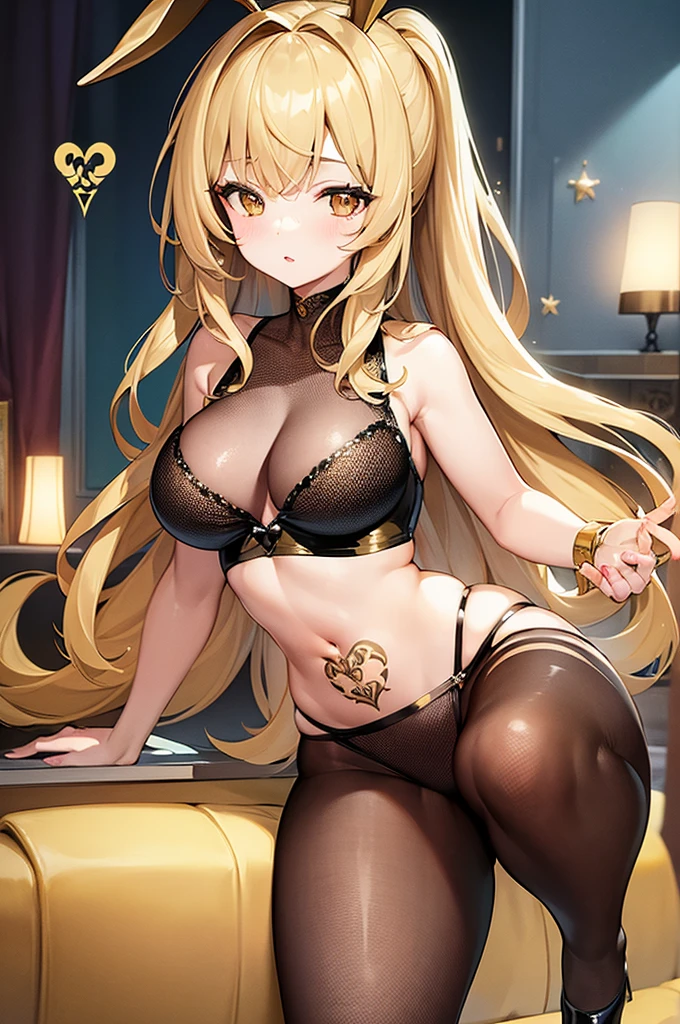((best quality)), ((masterpiece)), (detailed), perfect face, girl, gold bunny suit, fishnet stockings, luxury room theme,  glowing pubic tattoo,  exposed stomach,