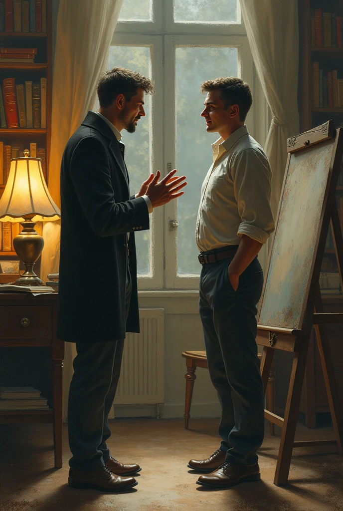 Illustration of one person trying to argue with another but failing to make any sense, while the other person stands his ground with a calm and confident expression. Surrounded by symbols of wisdom such as books, a lamp, and a writing board, representing superior education and understanding.