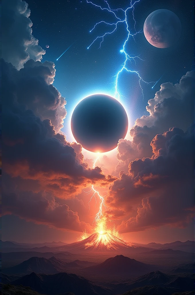 Of course, Here you have the augmented version:
**A Total Solar Eclipse with a Ring of Sunlight during a Blue Supermoon with a Severe Thunderstorm with Heart-Shaped Lightning in the Presence of Noctilucent Clouds in the Shape of Constellations and a Meteor Shower of Unusual Colors while an Aurora Borealis with Colors Never Before Seen manifests itself just as a Volcanic Eruption with Blue Flames occurs and an Intersection of a Comet with a Ring of Saturn that Produces an Artificial Supernova in the sky, All this while an Image-Forming Cosmic Dust Cloud passes close to Earth and Ball Lightning is observed to Transform into a Metallic Object in the storm.**